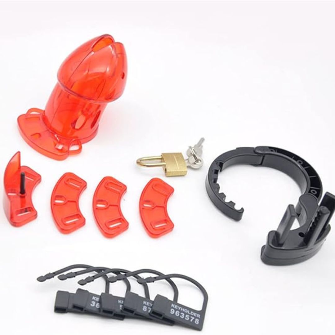 Red Plastic Chastity Cage with Adjustable Base Ring